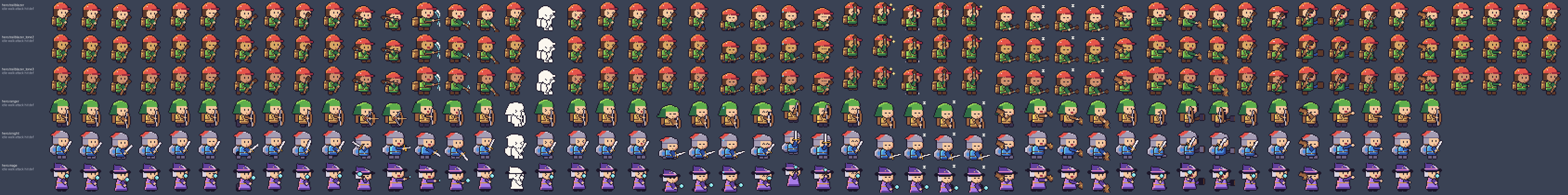 Contact sheet of the hero outfits with their animation states.